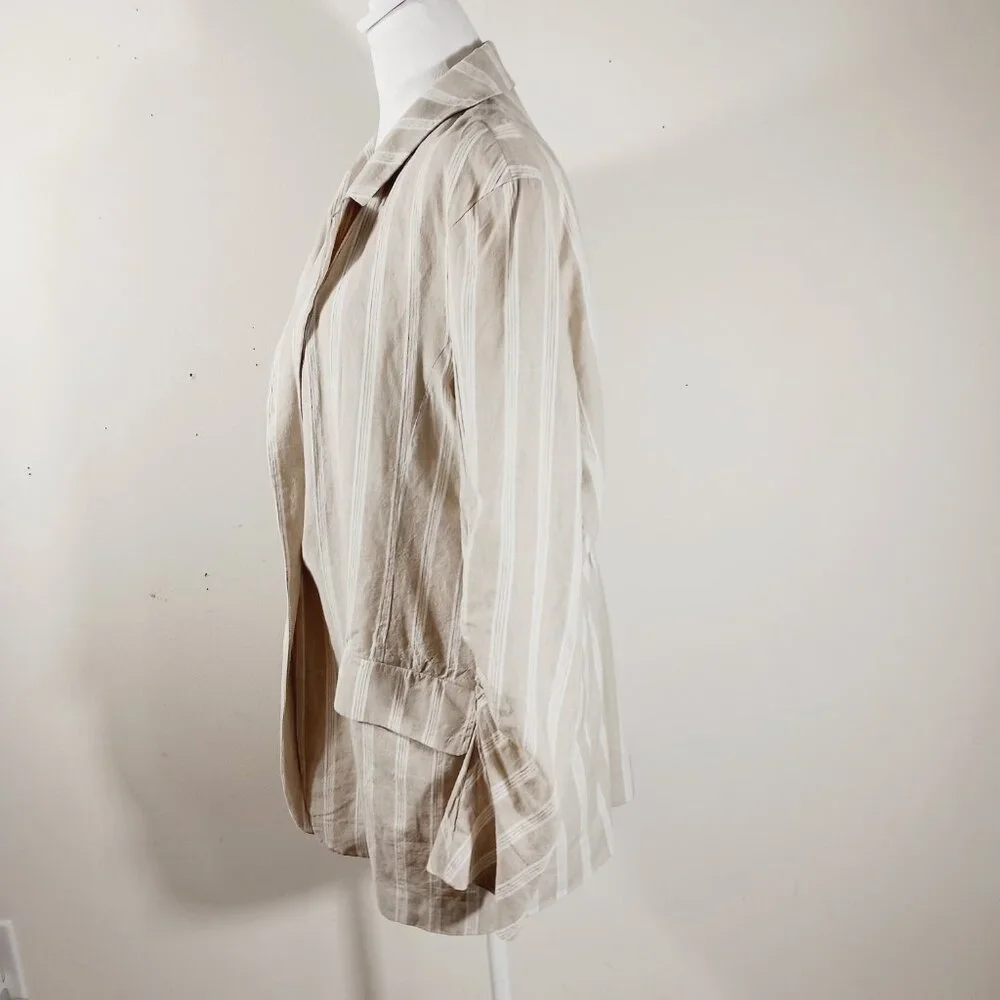 Free People "Fern" Oversized Striped Linen Blend Blazer, Ruched Sleeves SZ Small - Picture 4 of 16